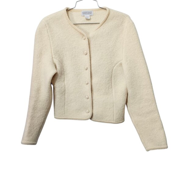 Lands' End Vintage 100% Wool Button Up Cream Knit Blazer Cardigan Sweater - Picture 1 of 5